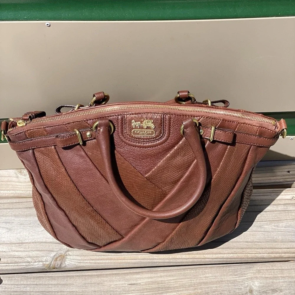 Coach Madison Diagonal Pleated Mixed Exotic Lindsey Satchel F21318 Tobacco Brown